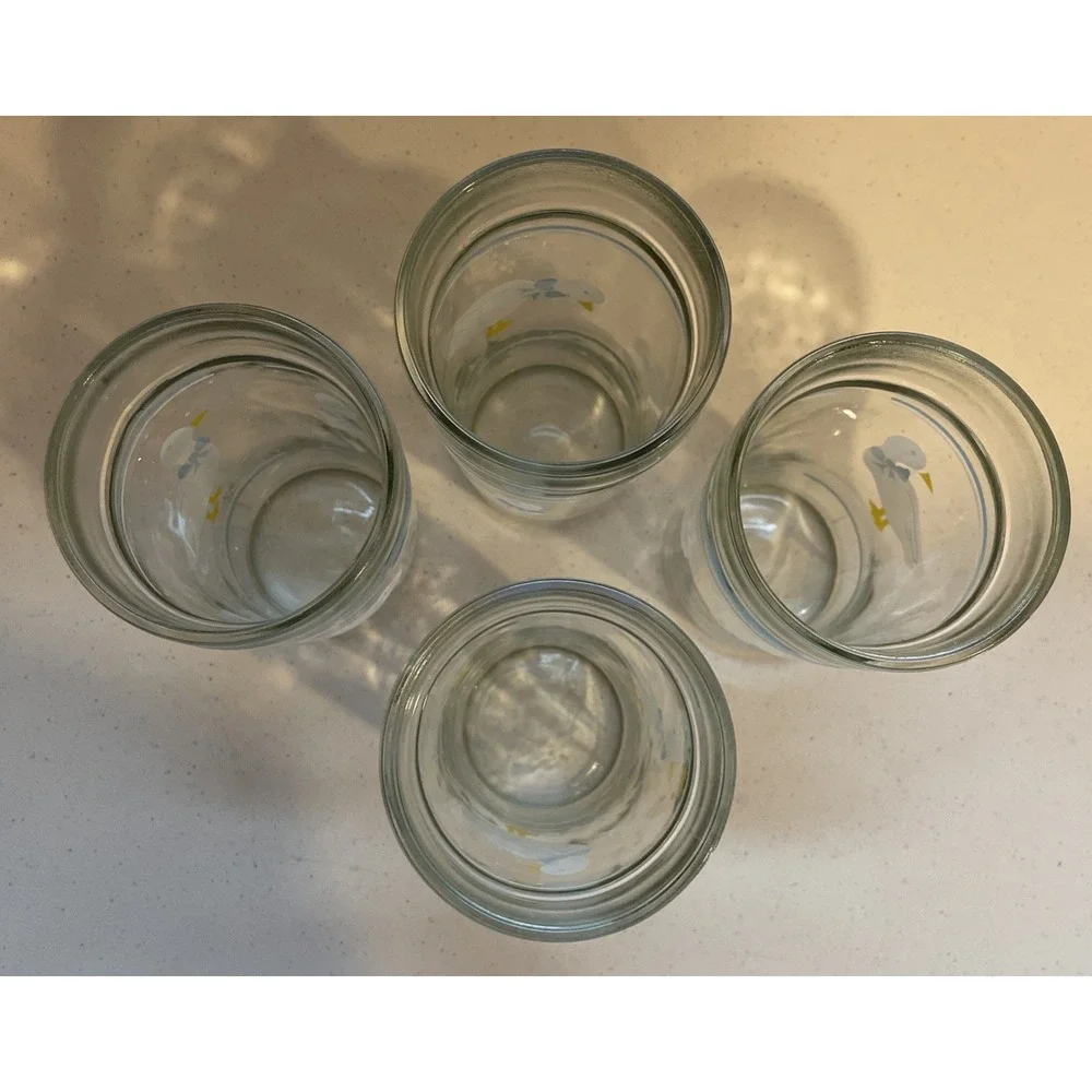Vtg Set 4 Geese Goose Duck Glasses Cups Blue Ribbon Bow Libbey Anchor Hocking